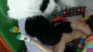 Attractive Brunette Girl Seducing Panda Bear